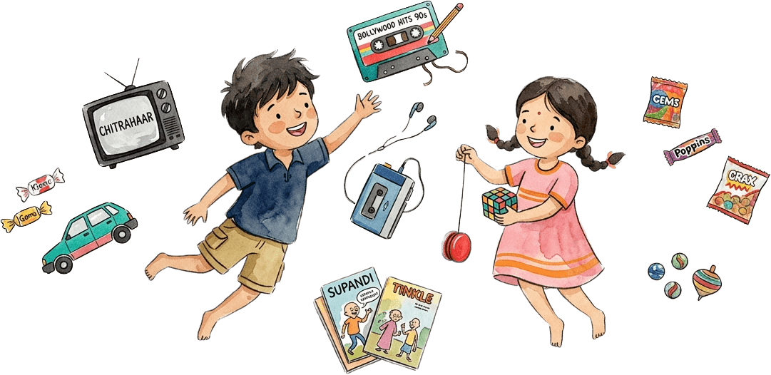 Nostalgic illustration of childhood toys, candies, and memories