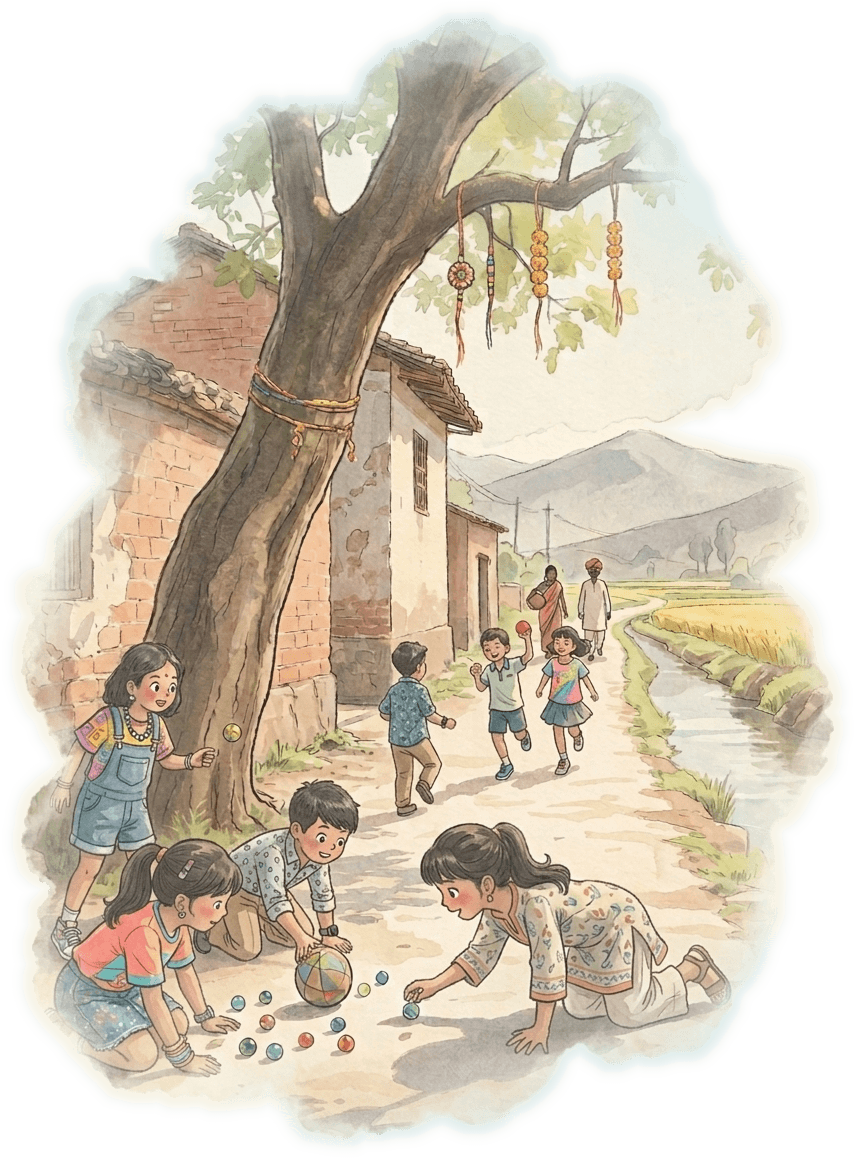 Illustration of children playing in a nostalgic village scene